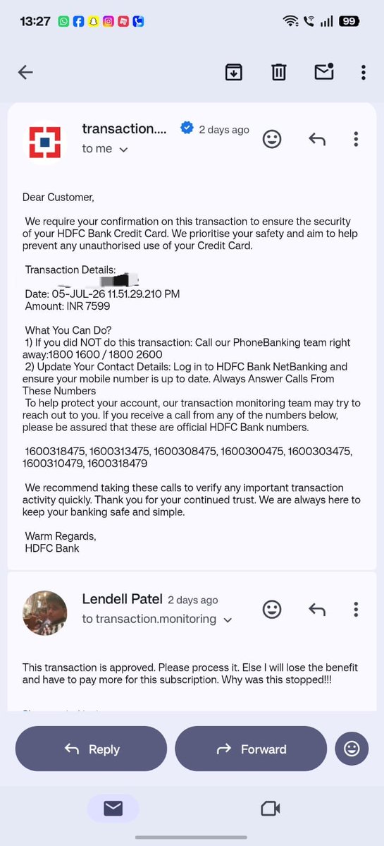 Lenny2711's tweet photo. @HDFC_Bank @HDFCBank_Cares closing a case number without any intimation / phone call / resolution for my issue against 110675215? Not cool. I'm having to pay higher subscription fees for no reason at all. Restricting a payment even though I've given approval? https://t.co/UhaE0Vaais