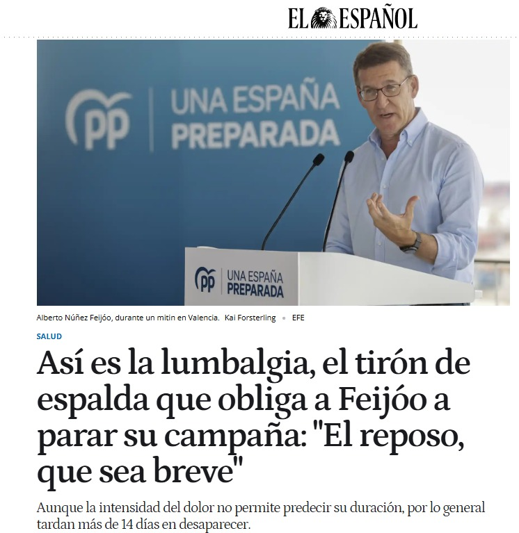 RamonLopez_G's tweet photo. Nunca olvidar cuando Feijóo se cogió una baja en plena campaña electoral de 2023 porque, casualmente, le entró un lumbago dos días después de que Silvia Intxaurrondo lo destrozara en una entrevista en TVE.

Le recomendaron ni aparecer en el debate. https://t.co/qZ8v20CX6f