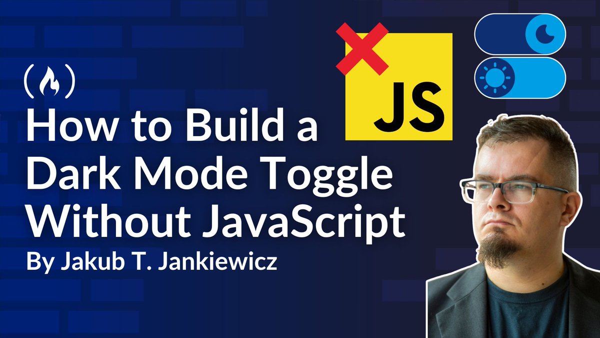 freeCodeCamp's tweet photo. Dark mode toggles usually rely on JavaScript, but they don't always have to.

In this tutorial, @jcubic explains how to build one with just HTML and CSS.

You'll use radio buttons, labels, CSS variables, and more to switch themes while keeping the site usable without JavaScript.

https://t.co/RESBA358Vw