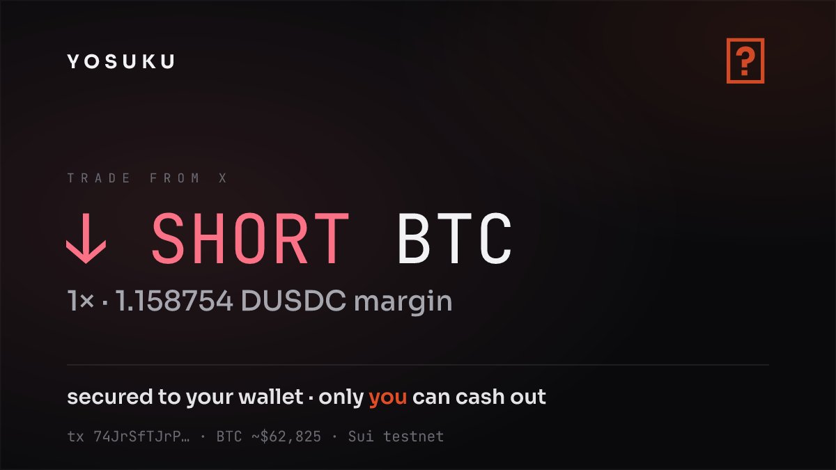 yosukuapp's tweet photo. @june_in_exile You're in ✅
1× short BTC (BTC ~$62825), opened straight from your X vault. Your position and any winnings stay in your wallet's control — only you can ever cash out.
Receipt 👇 https://t.co/csFtrI8TFE https://t.co/RhG4zkeo0d