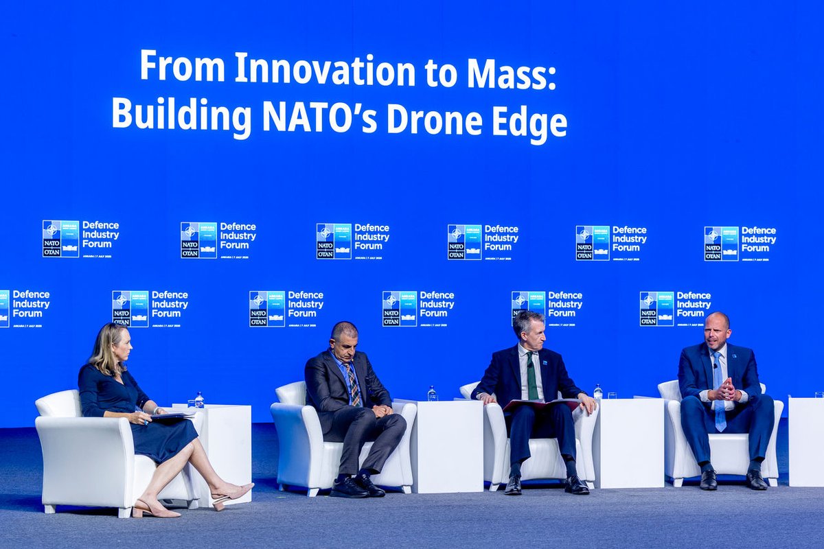UKNATO's tweet photo. At the NATO Summit’s Defence Industry Forum in Ankara yesterday, 🇬🇧 Defence Secretary @DanJarvisMBE sat on a panel with @FranckenTheo and @haluk Bayraktar of @BaykarTech where they discussed all things drones and innovation 💪 

#WeAreNATO #NATOSummit https://t.co/QbYNSfX44I