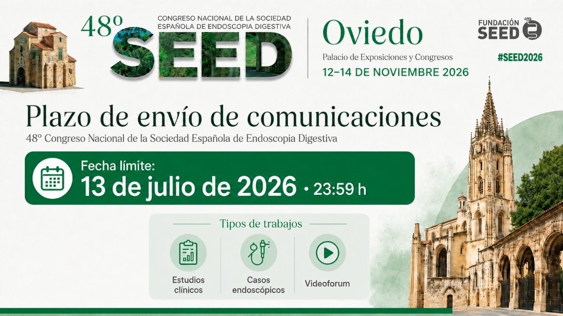 SEEDendoscopia's tweet photo. 📢 ¡Últimos días para enviar comunicaciones al 48º Congreso #SEED2026!

🔔Todavía estás a tiempo de presentar tus trabajos al Congreso Nacional de la Sociedad Española de Endoscopia Digestiva, que se celebrará en 📍Oviedo del 📅12 al 14 de noviembre de 2026🚀🚀🚀

📩¡No dejes tu envío para el último momento!📩
🔗 Más información y envío de comunicaciones en la web oficial del congreso: https://t.co/jz5WKEWtCn