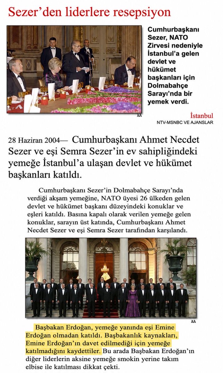 gundem7x24's tweet photo. #ARŞİV | 2004 yılındaki NATO zirvesinde Dolmabahçe Sarayı'ndaki yemeğe dönemin Başbakanı Erdoğan'ın eşi başörtülü olduğu için davet edilmemişti.

Erdoğan, "Devletin itibarı her şeyden önce gelir.” diyerek resepsiyona tek başına katılmıştı. https://t.co/5ZSOZB377y