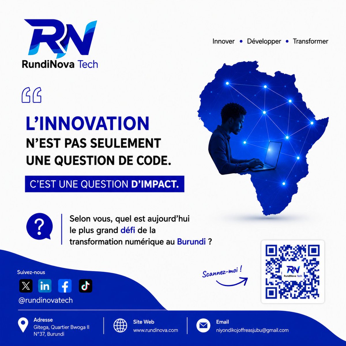 RundiNovaTech's tweet photo. 🌍 L'Afrique ne manque pas de talents. Elle a besoin de solutions technologiques adaptées à ses réalités.

💬 Quel est, selon vous, le plus grand défi de la transformation numérique au Burundi ?

#TechInsight #Innovation #DigitalTransformation #AfricaTech #Burundi @RundiNovaTech https://t.co/tPBeRGYAOA