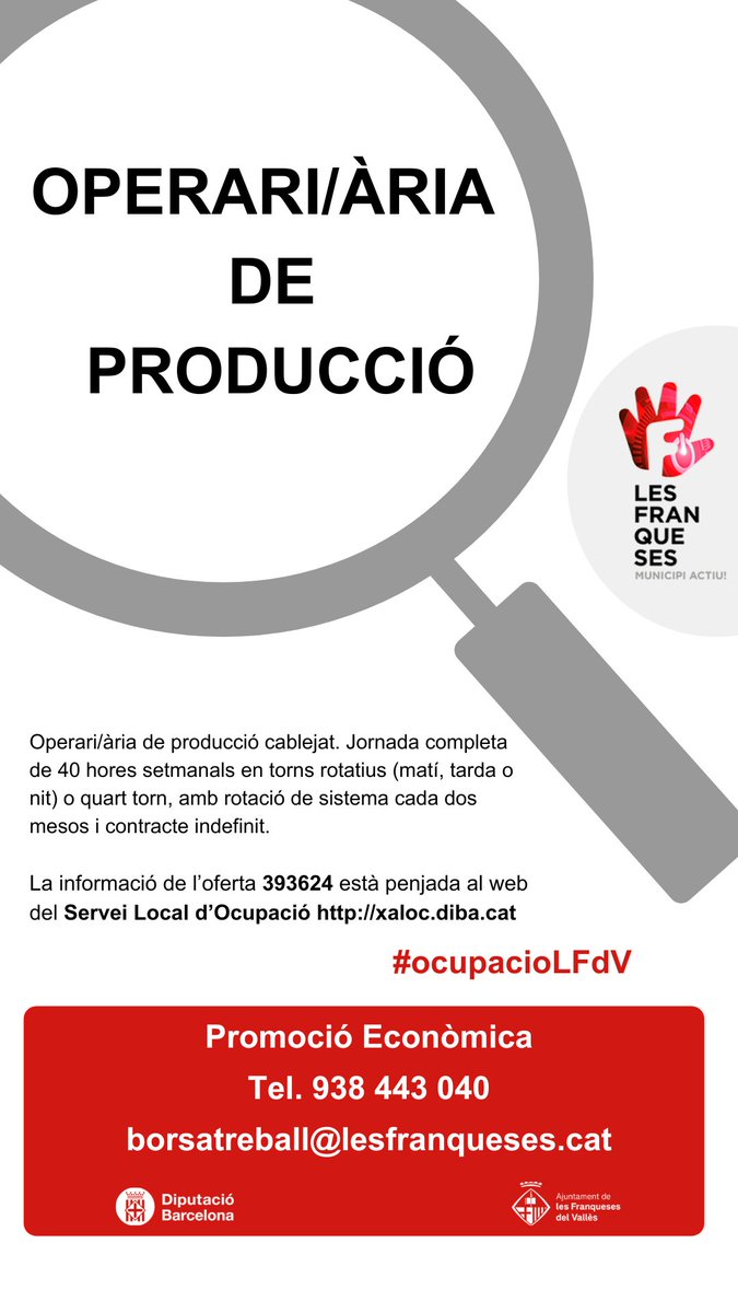 lesfranqueses's tweet photo. #LesFranqueses des d'#ocupacioLFdV ens arriben noves ofertes de feina:
👩‍🔧OPERARI/ÀRIA DE PRODUCCIÓ
☎️938 443 040 
📩borsatreball@lesfranqueses.cat
📲https://t.co/J1Mo0piEdj https://t.co/PoByUwTdMW