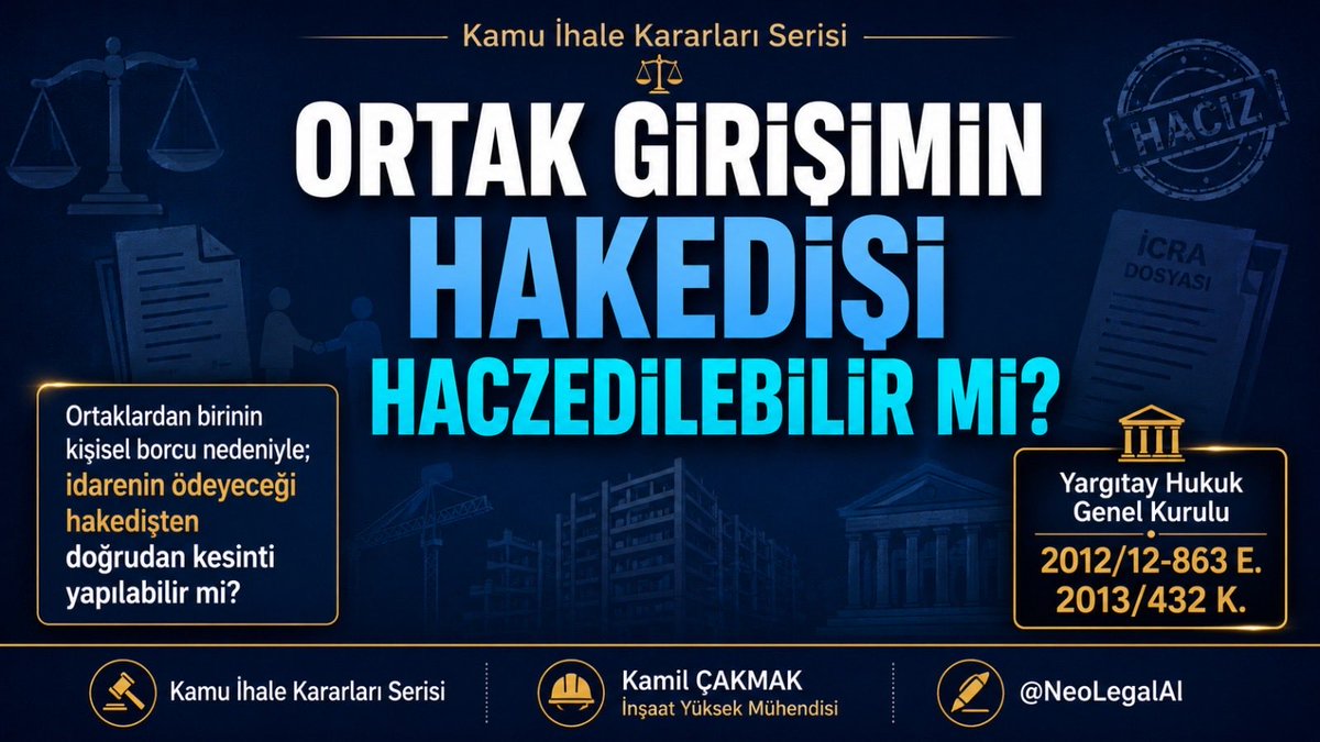 NeolegalAl's tweet photo. 🧵1️⃣ ORTAK GİRİŞİMİN HAKEDİŞİ HACZEDİLEBİLİR Mİ?

Kamu ihalelerinde uygulamada en çok tereddüt edilen konulardan biri...

📌 Ortak girişimde yer alan şirketlerden birinin kişisel borcu nedeniyle;

İdarenin ödeyeceği hakedişten kesinti yapılabilir mi?

⚖️ Yargıtay Hukuk Genel Kurulu bu konuda uygulamaya yön veren önemli bir karar verdi.

📖 YHGK

📍E.2012/12-863, K.2013/432

🚀 Kritik gerekçe FLOOD'da👇

@kamumuteahhiti @kaMUhendisleri @KamuAnadolu @TMB_TCA @tmmt_birligi1 @insaatsektoru

#Kamuİhale #Hakediş #OrtakGirişim