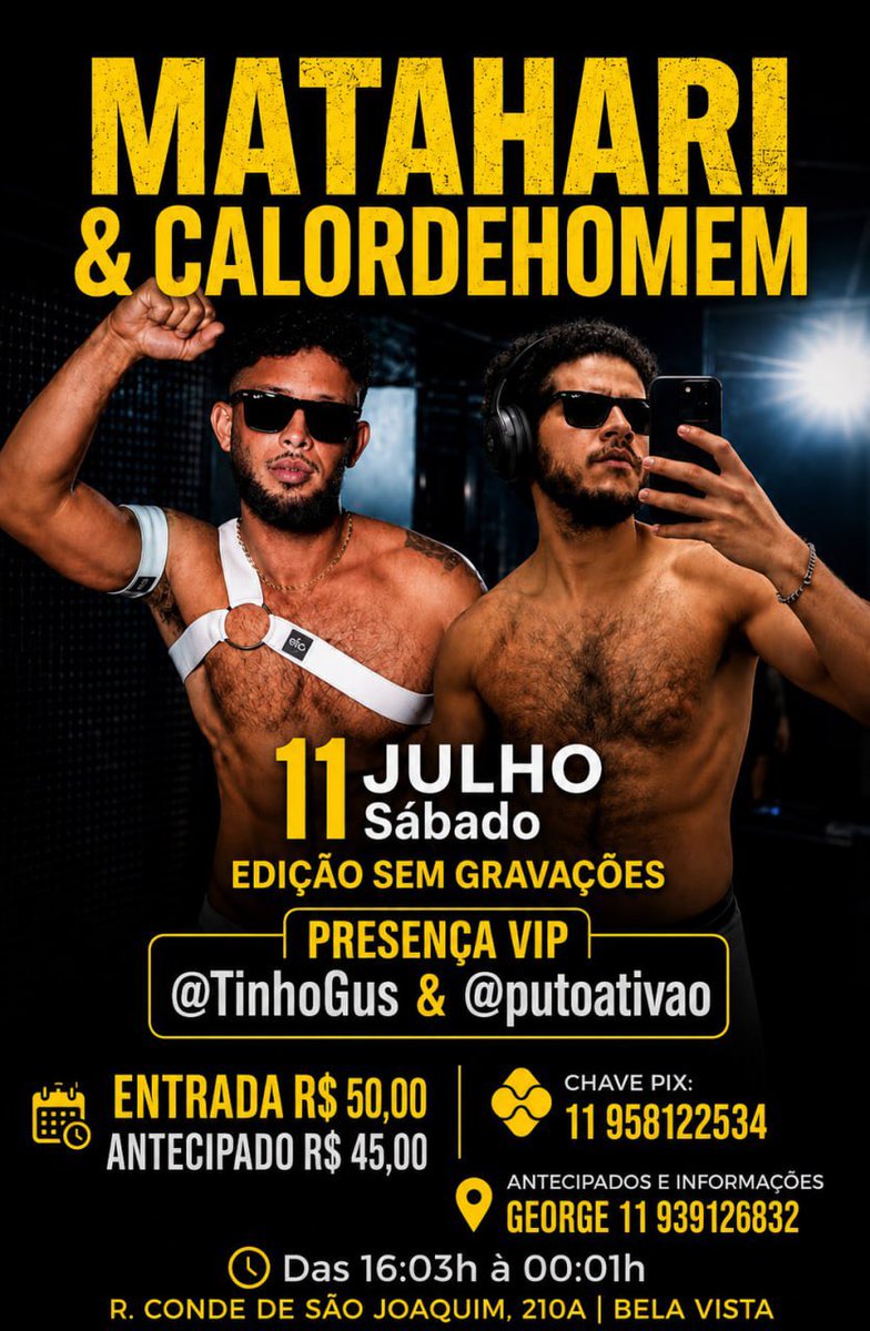 calordehomem's tweet photo. Sábado dia 11 a partir das 16:03h mais  uma edição aberta do @calordehomem no @MatahariCabines venha prestigiar esse encontro e receber convite para as edições fechadas. 
Antecipados através do WhatsApp   https://t.co/nVj8LRq3Yn https://t.co/eoiLsgvP4P