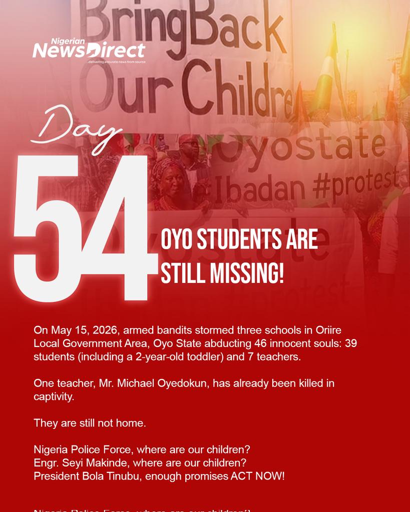 NigNewsDirect's tweet photo. Day 54. Still no words on their release.
Enough of condemnation and promises with no result. The kidnapped students and teachers deserve rescue.
Mr President, Mr Governor, Security Chiefs, #BringBackOurOyoStudents
#Day50 #OriireKidnapping #BringThemHome https://t.co/cRIzyHS3gJ