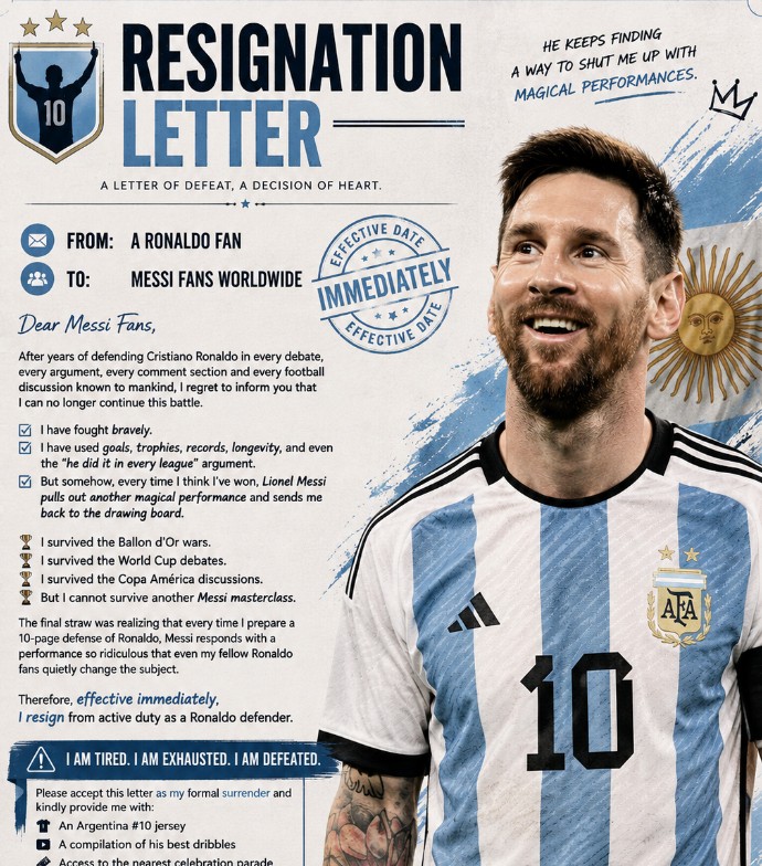 Relate0555's tweet photo. I have officially retired from defending Cristiano Ronaldo.
The workload became unbearable.
Every week Messi submits fresh evidence...It's been an honor fighting beside you.
But we've reached the stage where Messi doesn't even argue anymore...
He simply uploads evidence.
Every weekend my agenda expires.

Please don't look for me.

By the time you read this, I'll be somewhere learning how to say "ANKARA MESSI"

Signed: A Mentally Exhausted Former Ronaldo Fan.
Reason for resignation: Repeated exposure to football witchcraft.