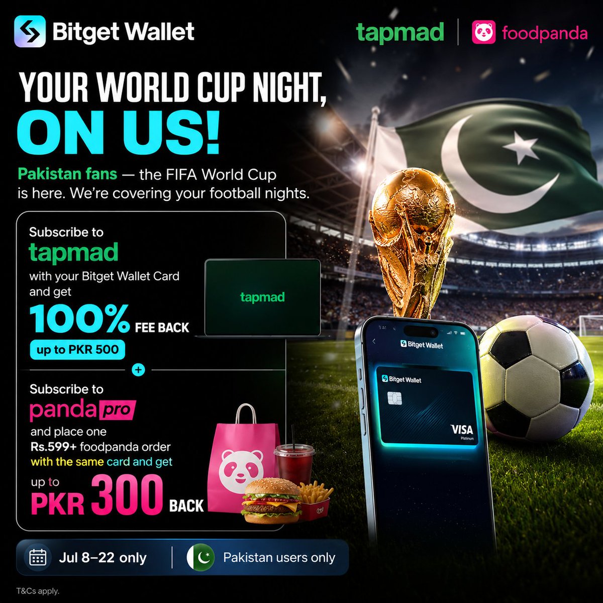 Rana1069304's tweet photo. Bitget Wallet New Cashback Offer live for all users  

⚽🇵🇰 Football fans in Pakistan, don't miss this! 🔥

Watch the FIFA World Cup with extra savings! 💳

✅ Pay your tapmad subscription using your Bitget Wallet Card and get 100% cashback (up to PKR 500). https://t.co/bZCwsKyEBk