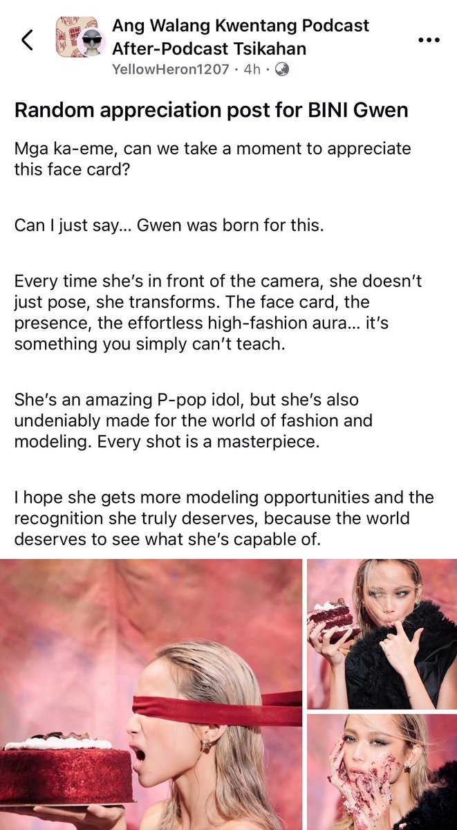 KelmaLang's tweet photo. (padaan lang po saglit hehe ang cute and random kasi, gulat ako!!)

Just saw this appreciation post for Gwen sa AWKP group haha katuwa!! Tapos the comments are people saying na parang barbie, high fashion model, pang-Asia’s Next Top Model, etc. si bebe gwen. 🥰

Any Blooms here na ka-eme rin? Hihi