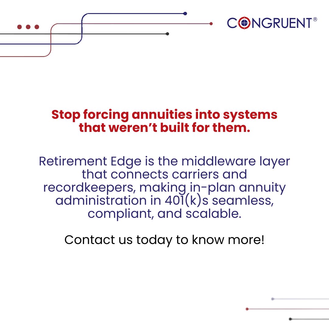 CongruentInc's tweet photo. What’s the one thing that quietly breaks most in-plan #Annuity strategies?

What should deliver lifetime income often turns into operational drag.

Swipe through to see the biggest challenges plan service providers face and how automation+middleware simplifies workflows:
part 2 https://t.co/save7hWgJC