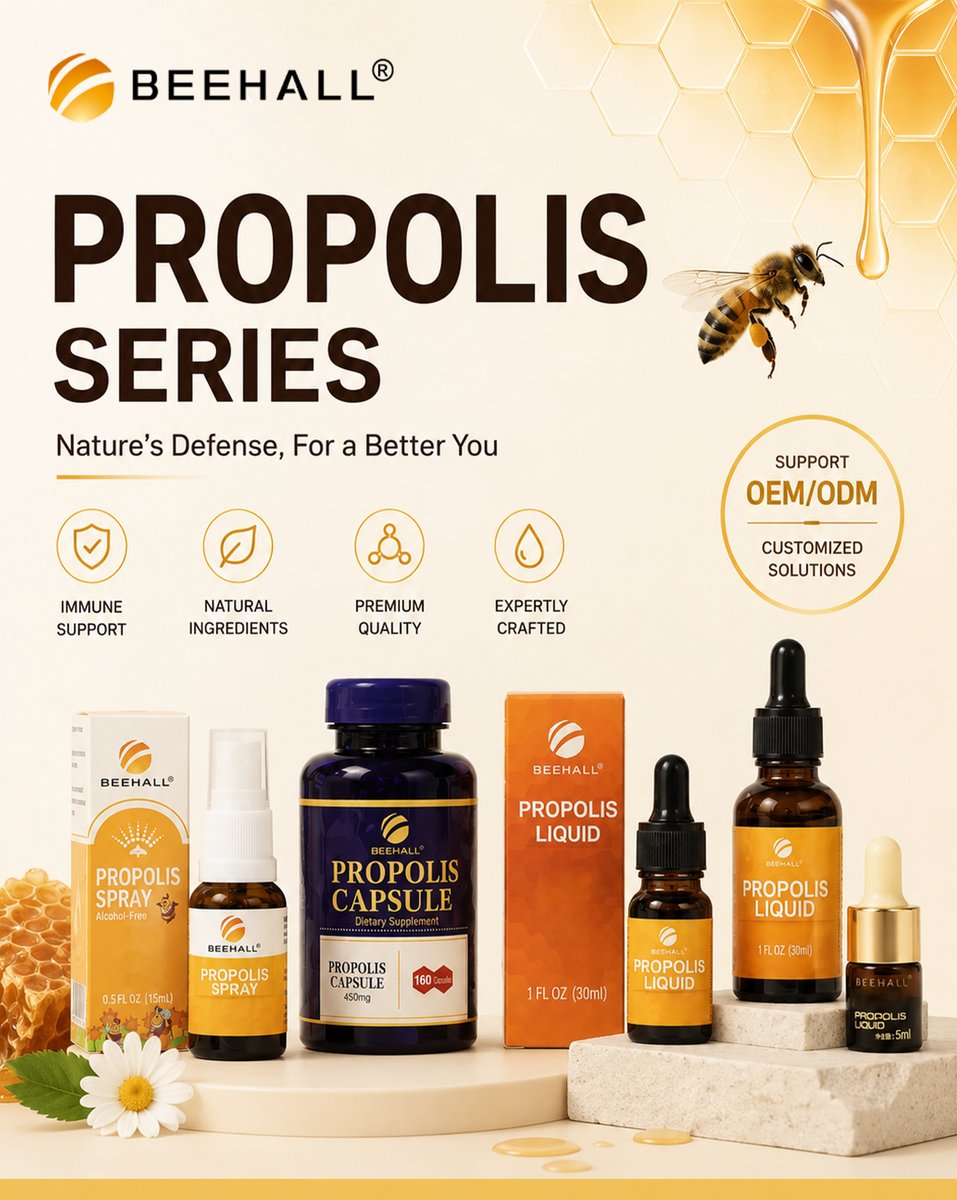 BeehallGroup's tweet photo. From sprays to capsules and liquid extracts, BEEHALL Propolis Series combines the power of bee-derived ingredients with professional customization solutions.

✨ Natural Ingredients
✨ Premium Quality
✨ OEM/ODM Available https://t.co/lyFXleTx3J