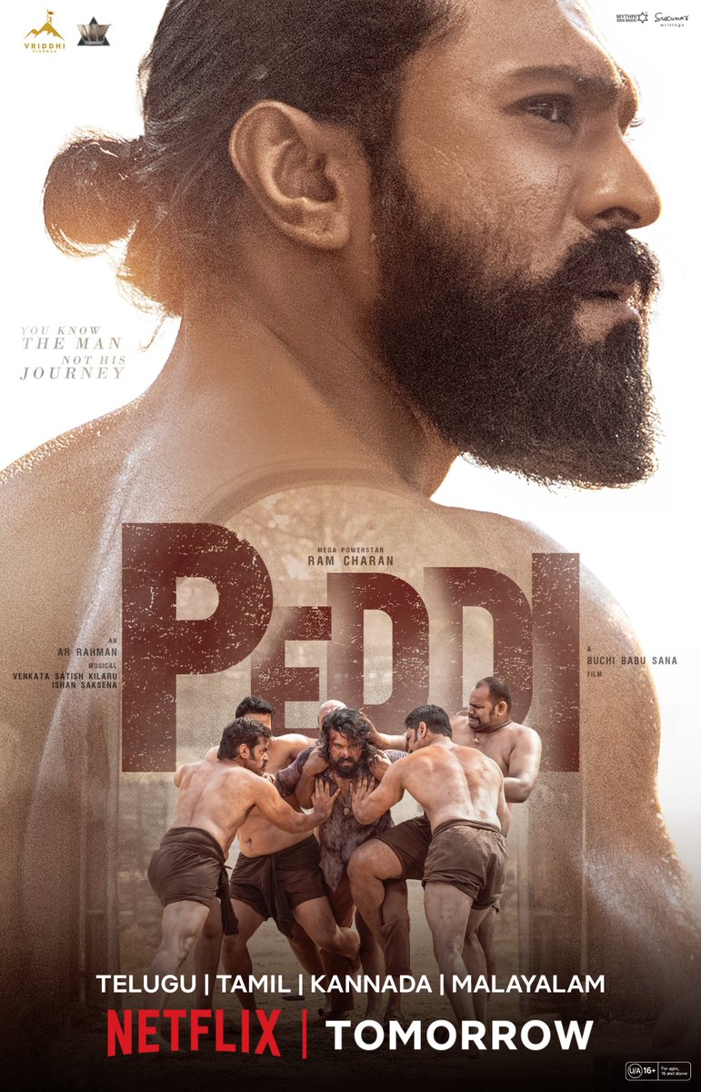 filmydoseonline's tweet photo. Ram:Charan's #Peddi starts streaming on #Netflix from tomorrow in #Telugu, #Tamil, #Kannada, and #Malayalam. 🎬

The #Hindi version will arrive a few days later due to the film's 8-week OTT release window. Stay tuned for the official Hindi streaming date! https://t.co/m84sUfplNT
