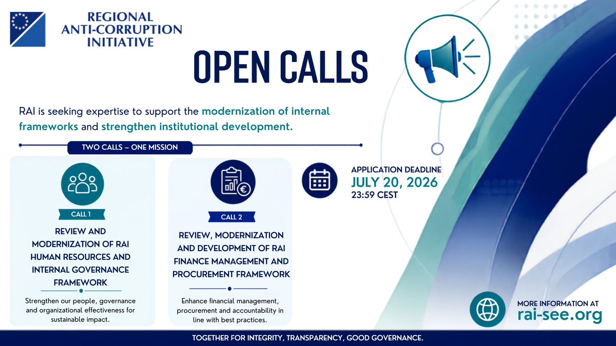 raiseeorg's tweet photo. 📢 RAI has launched two Open Calls for Applications!

We're seeking qualified legal entities, individual consultants, and consortia to support the modernization of our:

🔹RAI Human Resources and Internal Governance Framework
🔗 Learn more and apply: https://t.co/Dq7Vk1M1kJ

🔹RAI Finance Management and Procurement Framework
🔗 Learn more and apply: https://t.co/2LLsjuQByc

🗓️ Deadline: 20 July 2026

#RAI #OpenCall #Governance #Procurement #HumanResources