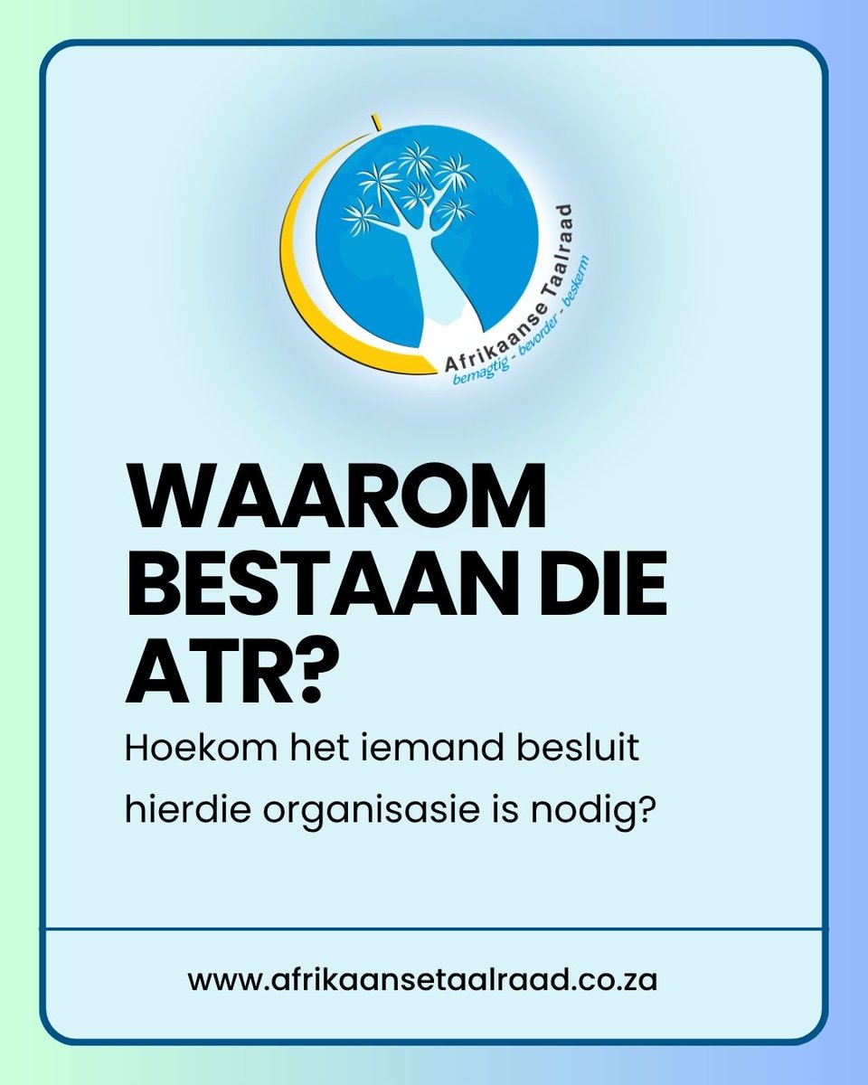 Taalraad's tweet photo. Afrikaans floreer wanneer ons saamwerk. 🇿🇦
Die ATR verbind mense en organisasies sodat idees, kennis en geleenthede gedeel kan word. Saam bou ons aan 'n sterker toekoms vir Afrikaans.
💬 Met wie werk jy graag saam om Afrikaans te bevorder? #Afrikaans #SaamSterker #LeerKenDieATR https://t.co/isQBdPatZf