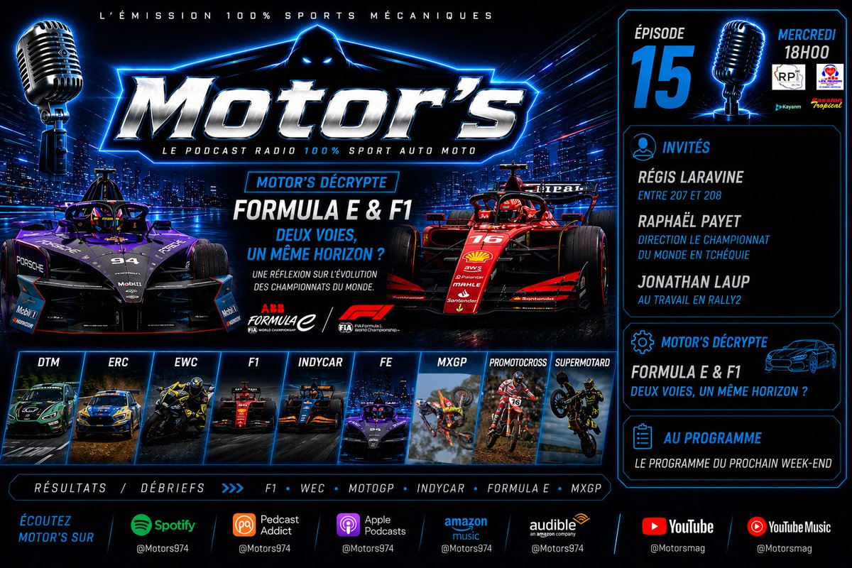 Motors_974's tweet photo. 🎙️ #Motors Épisode 15 est en ligne à 18h00 (GMT+4)!
⚡ Électrique ou thermique ? Et si le vrai débat était ailleurs…
🎤 Régis Laravine, Raphaël Payet et Jonathan Laup.
🏁 F1, MotoGP, Rallye, Supermotard...
🎧 Spotify & plateformes de podcast. https://t.co/xmmr35g9kL