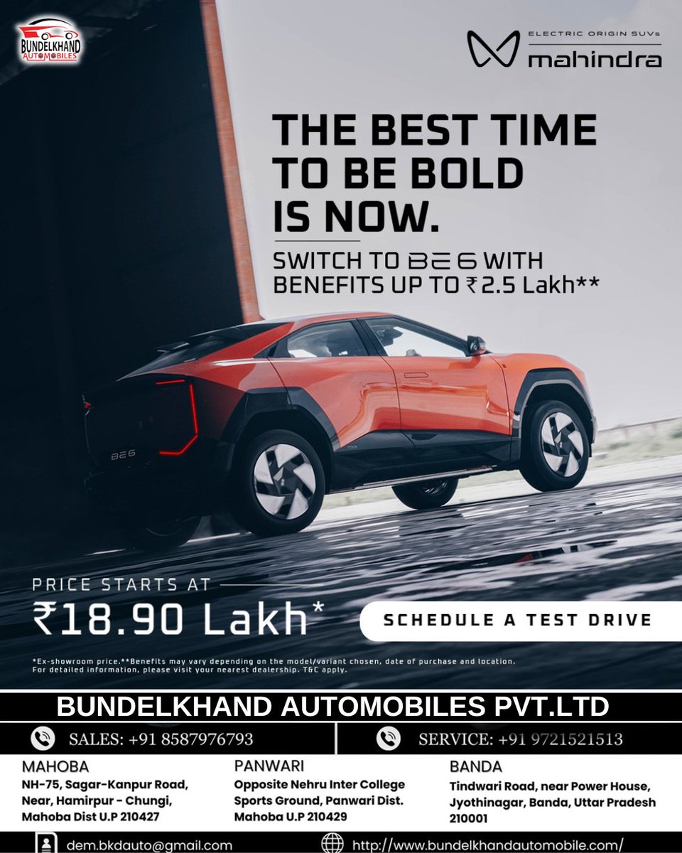groupbkdauto's tweet photo. Experience the future of driving with the Mahindra BE 6 where bold design meets cutting-edge electric performance. Enjoy exclusive benefits up to ₹2.5 Lakh* and drive home India's next-generation electric SUV starting at ₹18.90 Lakh*.

#MahindraBE6 #DriveElectric #ElectricSUV https://t.co/CSFHEQnVou
