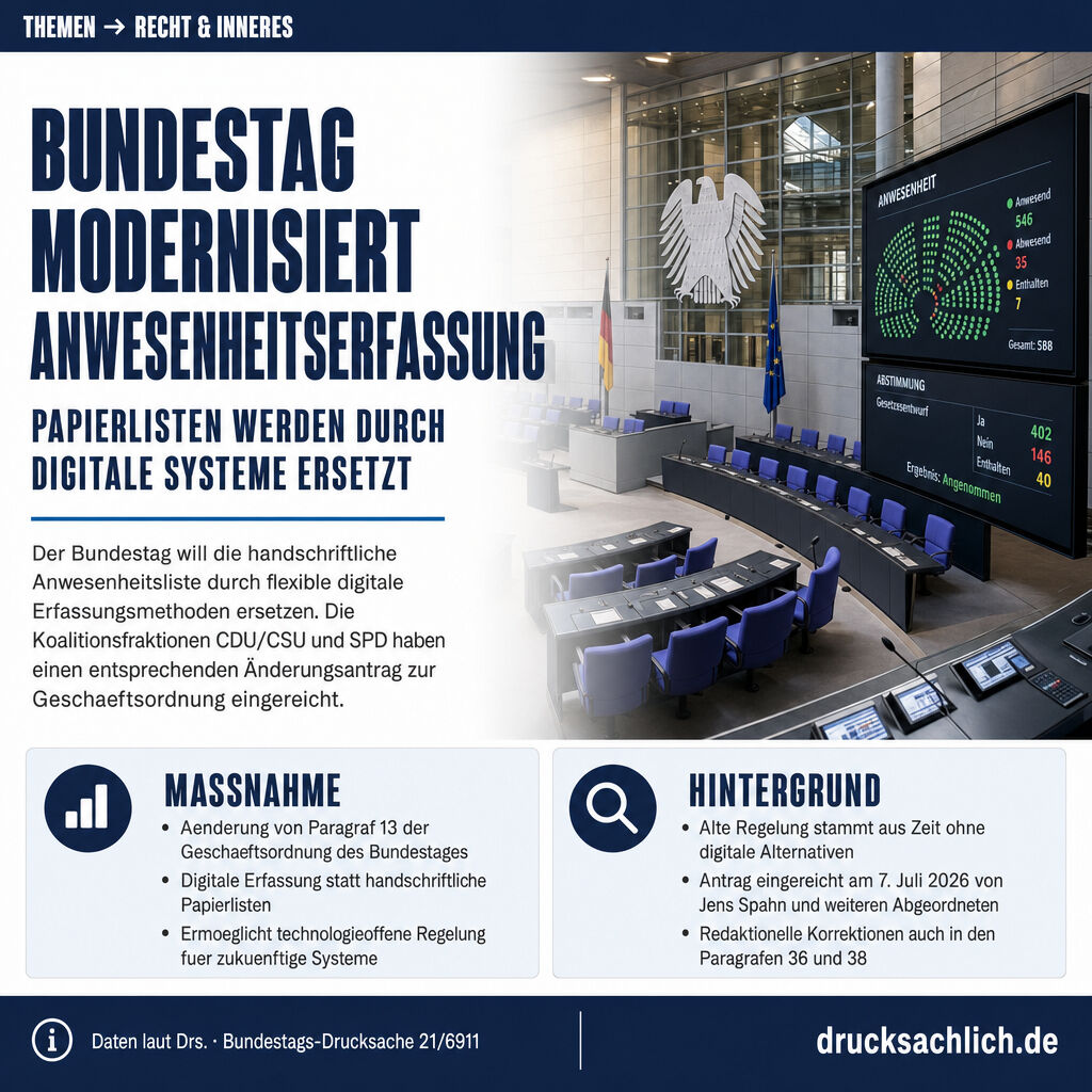 Drucksachlich's tweet photo. Geschäftsordnung Bundestag: Anwesenheitserfassung wird modernisiert

Weg mit der Papierliste: Der Bundestag modernisiert die Anwesenheitserfassung der Abgeordneten. Digitale Systeme ersetzen handschriftliche Listen. Ein Schritt in die Gegenwart oder zu s
https://t.co/npycjmPj4x https://t.co/Ltjh1jazk7
