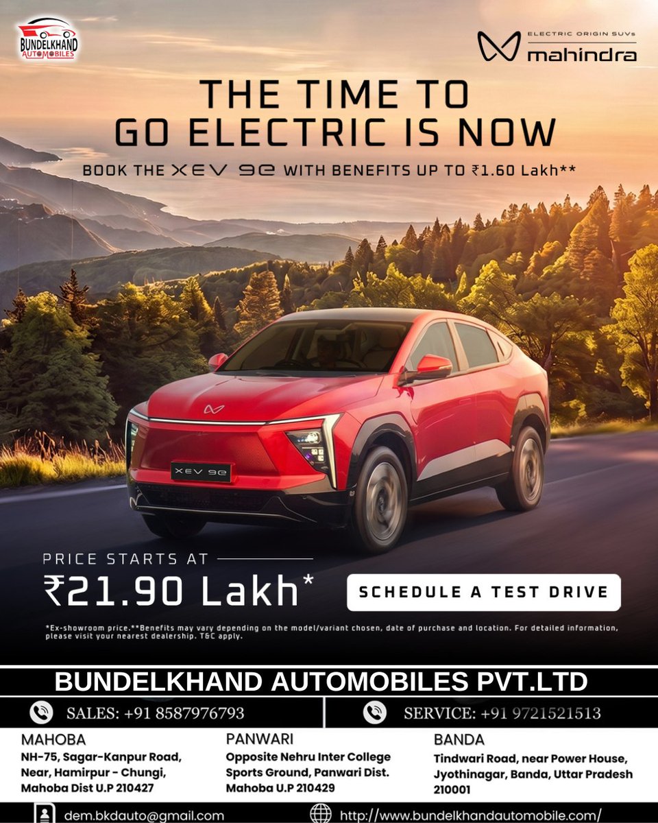 groupbkdauto's tweet photo. Step into the next generation of mobility with the Mahindra XEV 9e. Experience futuristic design, powerful performance, and intelligent technology—all while enjoying benefits up to ₹1.60 Lakh*.
#MahindraXEV9e #DriveElectric #ElectricSUV #GoElectric #FutureOfMobility https://t.co/lYY7qPGsMv