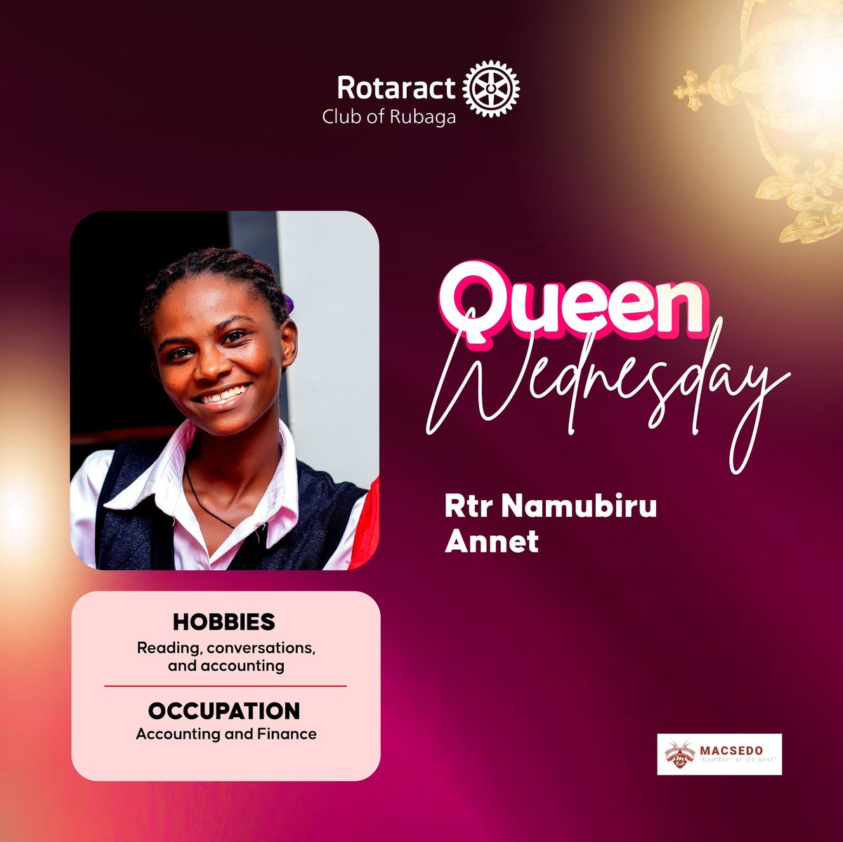 RotaractRubaga's tweet photo. The Queen Wednesday Spotlight👑

This Wednesday, the red carpet belongs to one of our absolute finest Club Secretary Rtr. Namubiru Annet 💫

Through her work and role, she exemplifies dedication to service and professionalism.

Join us in giving her the royal treatment today. https://t.co/quEko99Eap