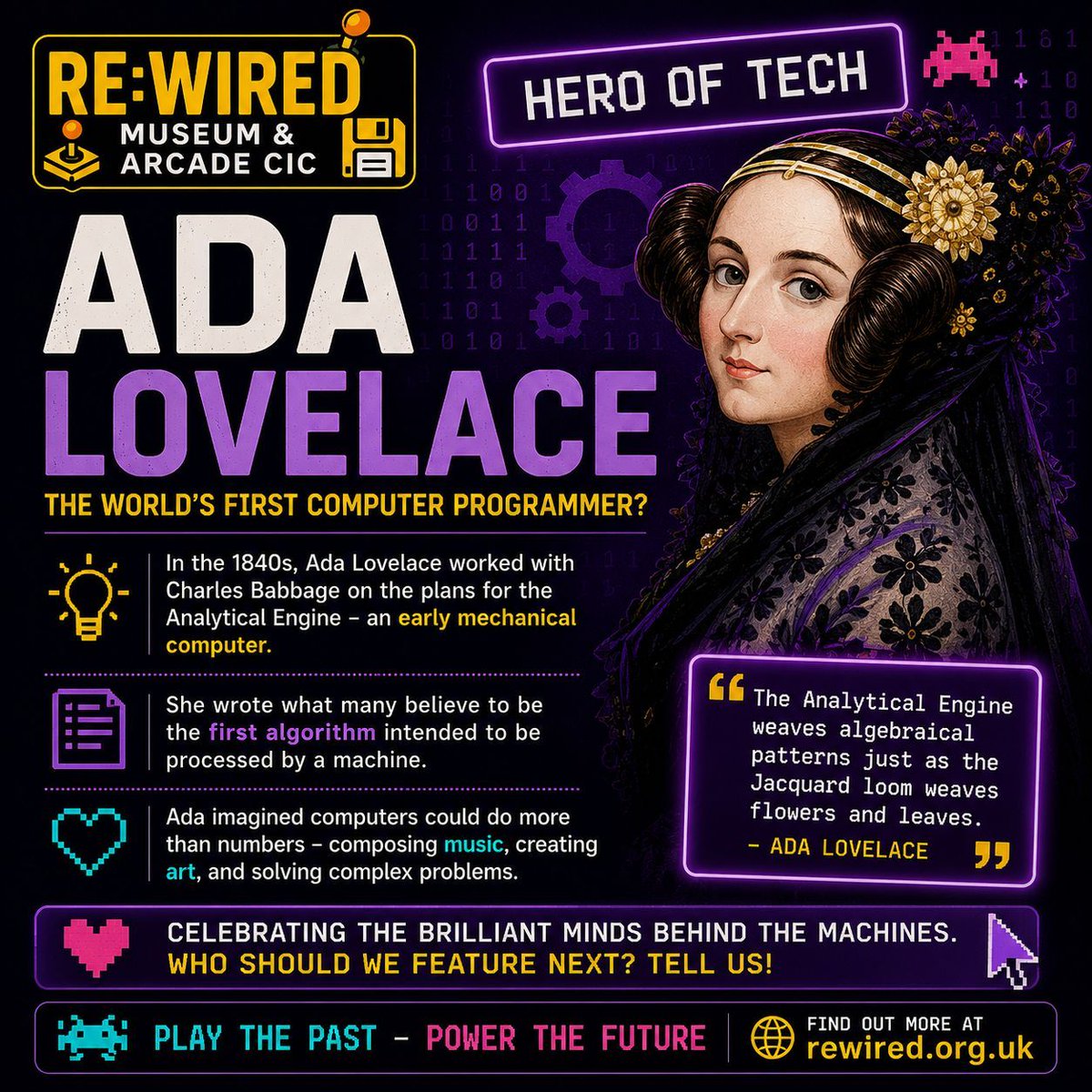 rewiredmuseum's tweet photo. Re:Wired Hero of Tech: Ada Lovelace

Long before laptops, games consoles or smartphones, Ada Lovelace imagined something incredible.

In the 1800s, she worked on ideas for Charles Babbage’s Analytical Engine — a mechanical computer that was never fully built in her lifetime. https://t.co/gNiJR5PWyQ