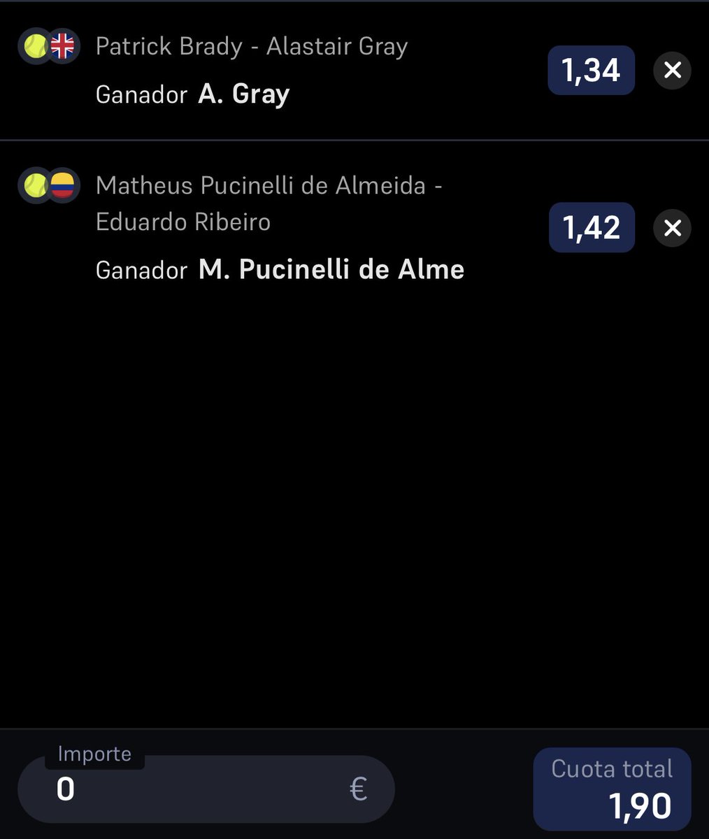 DeepTennisAI's tweet photo. 🎯 Winner Elite

Hoy el modelo marca dos favoritos con confianza IA alta:

🇬🇧 Alastair Gray gana a 1.34
🇧🇷 Matheus Pucinelli gana a 1.42

Combinada total: 1.90

No es la típica combi por nombres. En ambos partidos el modelo ve diferencia clara en rendimiento reciente, resto y estabilidad al saque.