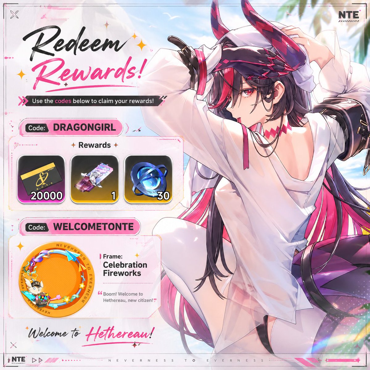 NTE_Ani_Info's tweet photo. New Redemption Codes!

> DRAGONGIRL - 30 Annuliths &amp; 20k Fons
> WELCOMETONTE - Avatar Frame (Limited time)

Both codes are limited time so redeem them before they expire!

#NTE https://t.co/owMPgwEJ9J