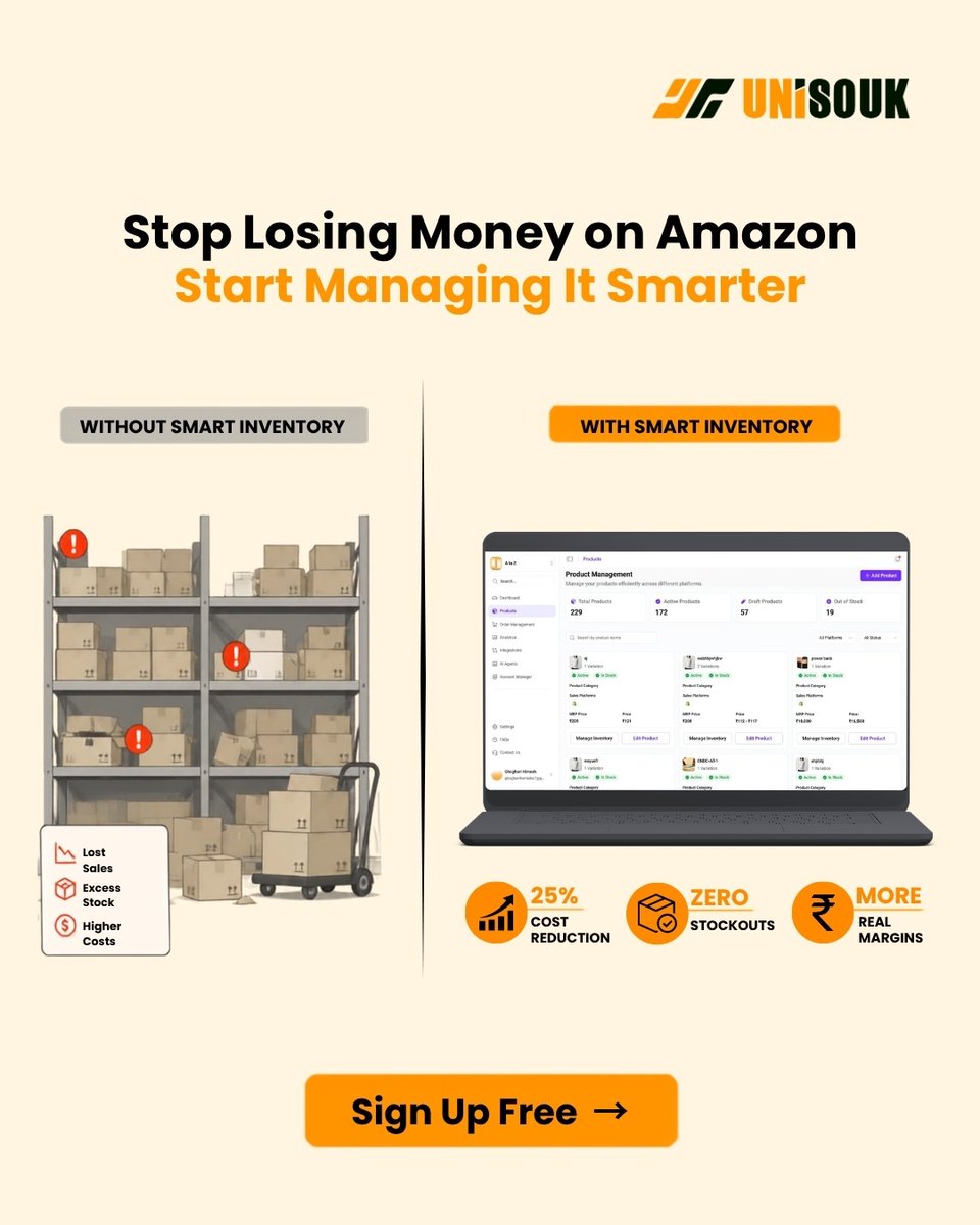 Unisouk_in's tweet photo. Bad inventory costs Amazon sellers more than bad products.
UniSouk's Smart Inventory helps cut costs by 25%, prevent stockouts, and maximize profits.
 Manage smarter. Grow faster.
👉 Sign up free — link in bio. https://t.co/o2rJpLyagX