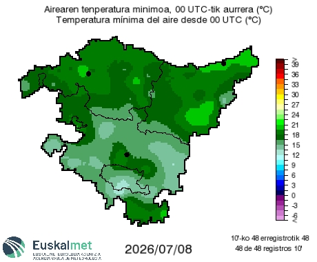 Euskalmet's tweet photo. 🌡#Tmin
📈Gaur minimoak zertxobait altuagoak izan dira. Biharkoak balio berdintsuetan geldituko dira.
📈 Las mínimas han sido algo más altas que ayer. Las de mañana serán similares. https://t.co/UsjY9YuMPT