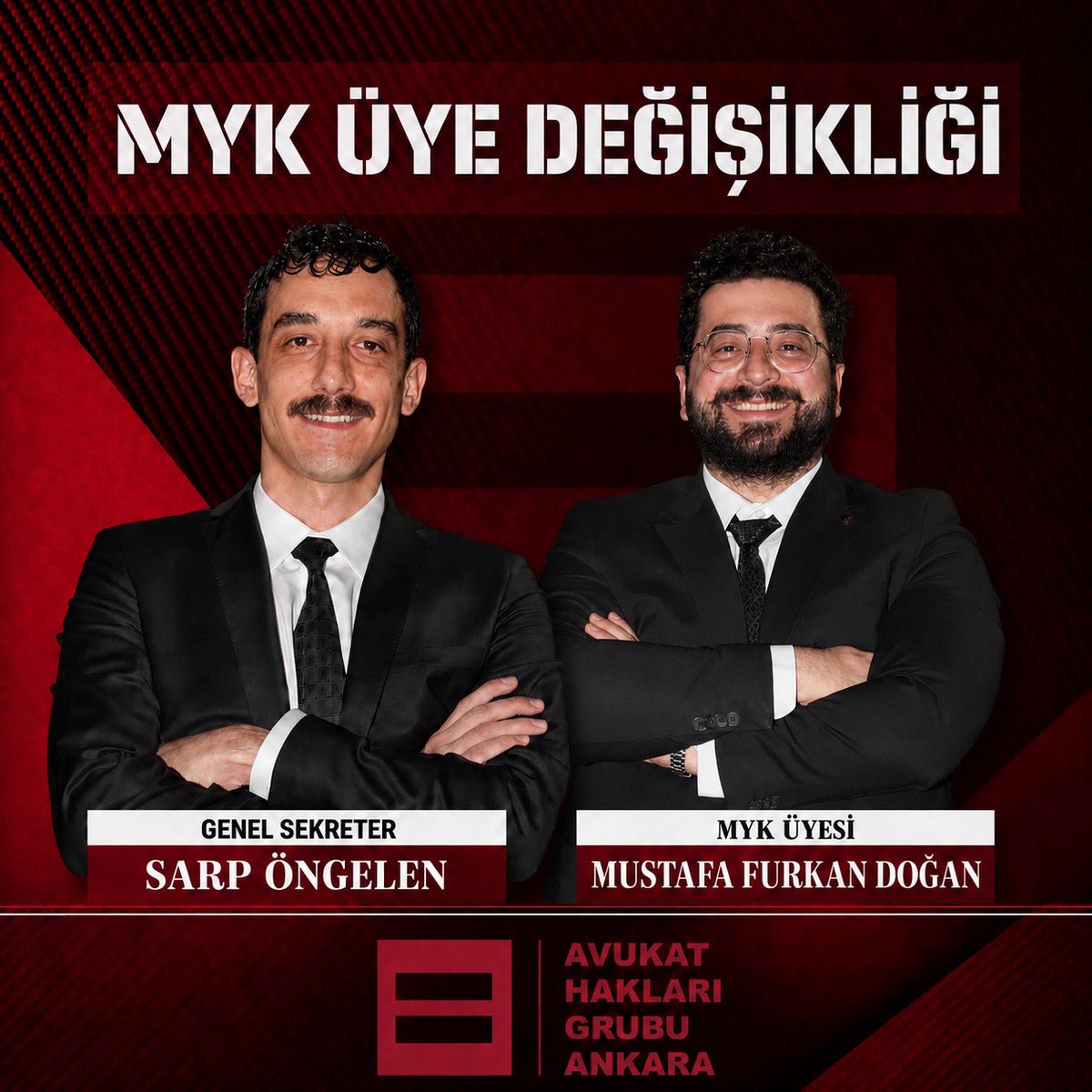 AHGAnkara's tweet photo. ‼️MERKEZ YÖNETİM KURULU ÜYE DEĞİŞİKLİĞİMİZ

Avukat Hakları Grubu Ankara olarak, uzun zamandır meslek ve meslektaş için gerçekleştirdiğimiz çalışmalarımızda destek olan  Av. Sarp ÖNGELEN ve Av. Mustafa Furkan DOĞAN, MYK üyeliğine seçilmişlerdir.

Kendilerine yeni görevlerinde başarılar diler, meslek ve meslektaş için; tek bir Avukat Yalnız Kalmayana Dek çalışmalarımıza güçlenerek devam edeceğimizi bildiririz.

#BuSuHiçDurmaz