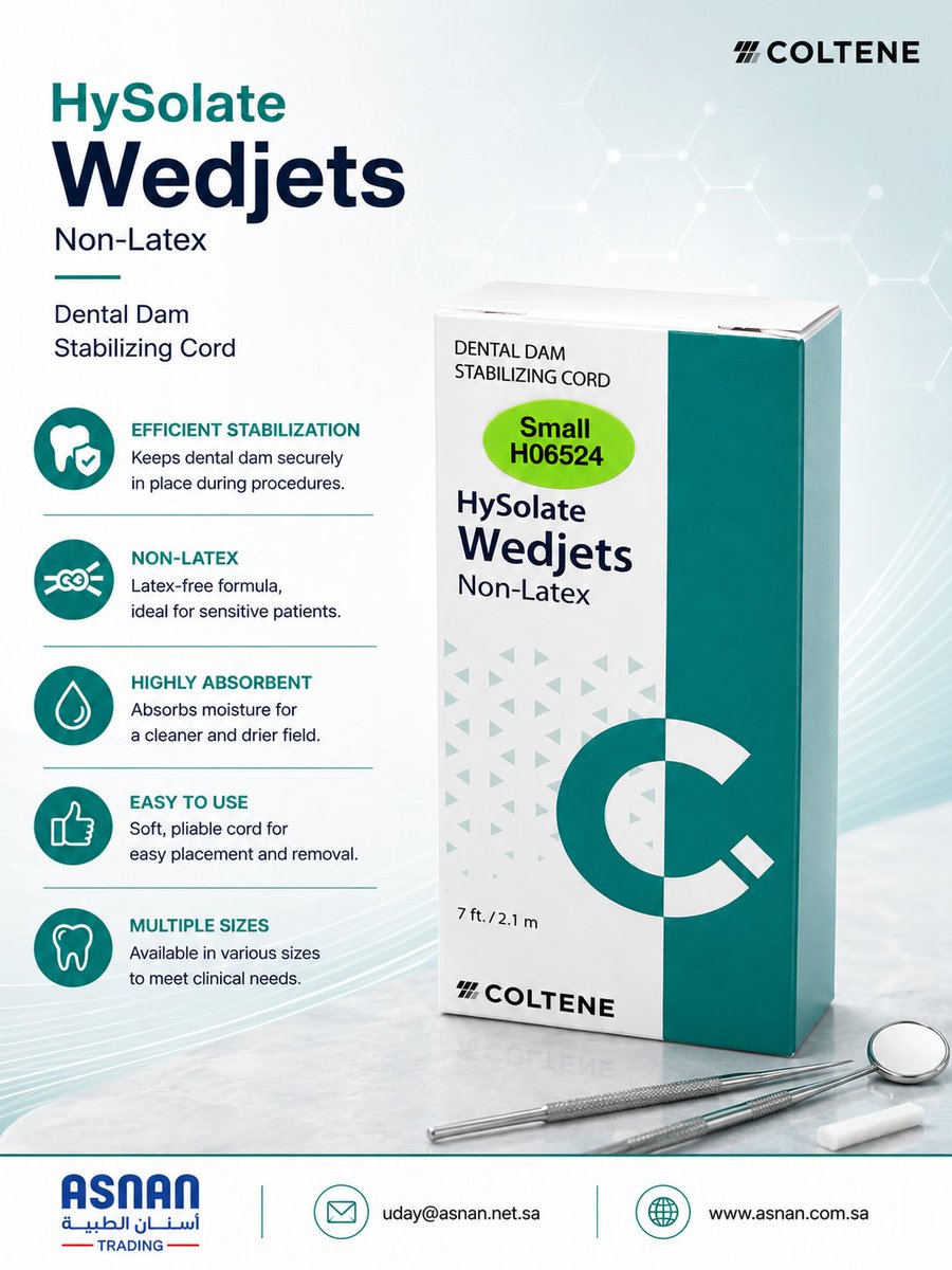 Asnan_net's tweet photo. Hysolate Wedjets 

EFFICIENT STABILIZATION

Keeps dental dam securely in place during procedures.

NON-LATEX

Latex-free formula,

ideal for sensitive patients.

DENTAL DAM

STABILIZING CORD

HIGHLY ABSORBENT

Absorbs moisture for a cleaner and drier field.

EASY TO USE

Soft, pliable cord for easy placement and removal.

MULTIPLE SIZES

Available in various sizes to meet clinical needs.