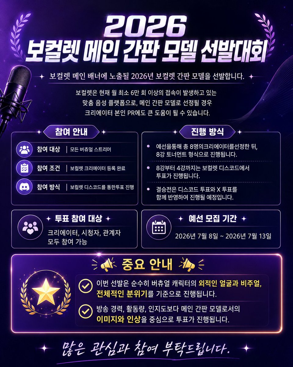 Vocalet_Korea's tweet photo. 안녕하세요, 버츄얼 스트리머 여러분!

보컬렛에서 2026 메인 간판 모델 선발대회를 개최합니다.

현재 예선 참가자를 모집 중이며, 버츄얼 스트리머라면 누구나 참여 가능합니다.

아직 보컬렛 크리에이터가 아니신 분들도 빠르게 가입 문의 후 참가하실 수 있습니다.

최종 선발된 모델에게는 보컬렛 메인 배너 노출과 함께 다양한 상품 및 혜택이 제공될 예정입니다.

이번 대회는 방송 경력이나 인지도보다, 

버츄얼 캐릭터의 **비주얼과 이미지, 전체적인 분위기*를 중심으로 선발됩니다

많은 관심과 참여 부탁드립니다.

참여문의는 아래와 같이 공유 드립니다.

partnership@vocalet.com ㅣ디스코드: vocalet

#버츄얼 #버튜버 #크리에이터 #스트리머