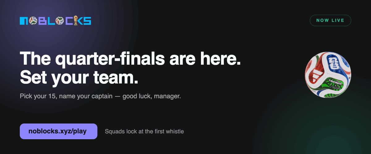 noblocks_xyz's tweet photo. The last whistle of the Round of 16 is our first.

Squad building is open — pick your 15, name your captain, and start scoring from the quarter-finals. Everyone starts at 0. Good luck mangers

Set your team → https://t.co/KfD2y77Qtk https://t.co/1n3UTafo8k