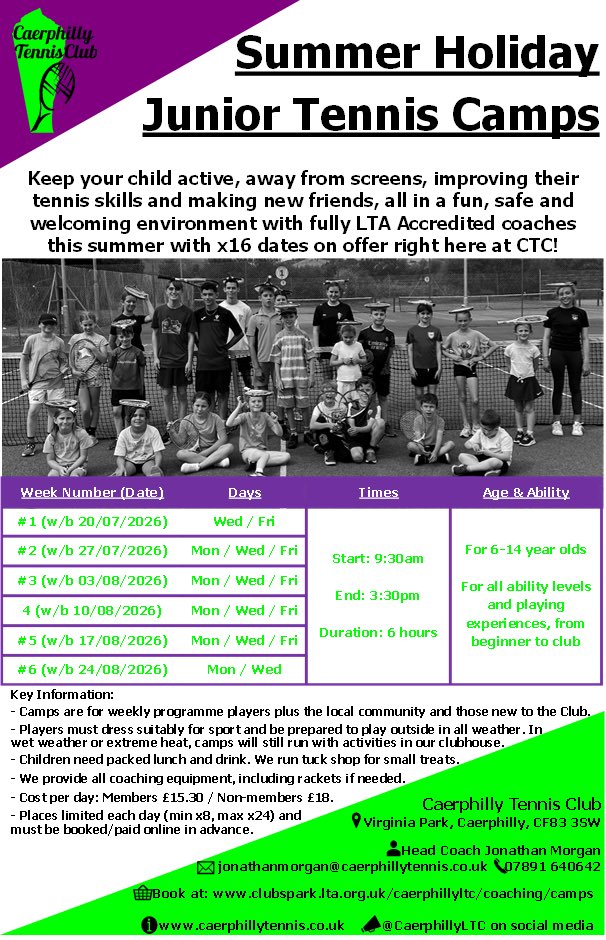 CaerphillyLTC's tweet photo. Spaces are filling up on all x16 of our Summer Holiday Junior Tennis Camps at #CTC! 🎾☀️⛺️📅🔛📈⚠️

So if you want your child to:
💪Be active
📵Off screens
🤪Have fun
👥Make friends
📈Improve skills
🛟In a safe environment
🫵These are for you!
📲Book at: https://t.co/HRgGmqoFvy https://t.co/3ghNAS7FnX