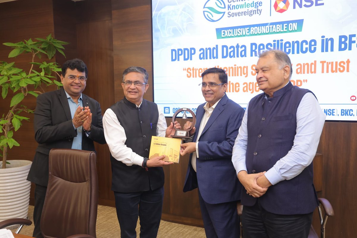 NSEIndia's tweet photo. Our MD & CEO, Shri Ashishkumar Chauhan delivered an address on the topic 'Data Resilience as a Democratic Imperative: Building Trust, Security, and Vision for Digital India' as part of 'DPDP & Data Resilience in BFSI – Strengthening Security & Trust in the Age of DPDP', jointly hosted by The Centre for Knowledge Sovereignty (CKS) & NSE at @NSEIndia, today.

Shri Ashishkumar Chauhan, Shri Viral Mody, ED, NSE and key dignitaries also inaugurated the Report Release of 'Data Resilience in India: A Framework for National Digital Security.' The framework focuses on data sovereignty, adopting indigenous cloud platforms and accelerating Make in India cybersecurity tools.

#NSE #NSEIndia #Roundtable #DataResilience #CKSIndia @CKSIndia  @ashishchauhan @vinitgoenka