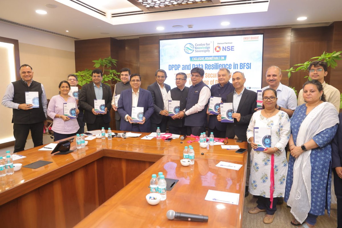 NSEIndia's tweet photo. Our MD & CEO, Shri Ashishkumar Chauhan delivered an address on the topic 'Data Resilience as a Democratic Imperative: Building Trust, Security, and Vision for Digital India' as part of 'DPDP & Data Resilience in BFSI – Strengthening Security & Trust in the Age of DPDP', jointly hosted by The Centre for Knowledge Sovereignty (CKS) & NSE at @NSEIndia, today.

Shri Ashishkumar Chauhan, Shri Viral Mody, ED, NSE and key dignitaries also inaugurated the Report Release of 'Data Resilience in India: A Framework for National Digital Security.' The framework focuses on data sovereignty, adopting indigenous cloud platforms and accelerating Make in India cybersecurity tools.

#NSE #NSEIndia #Roundtable #DataResilience #CKSIndia @CKSIndia  @ashishchauhan @vinitgoenka
