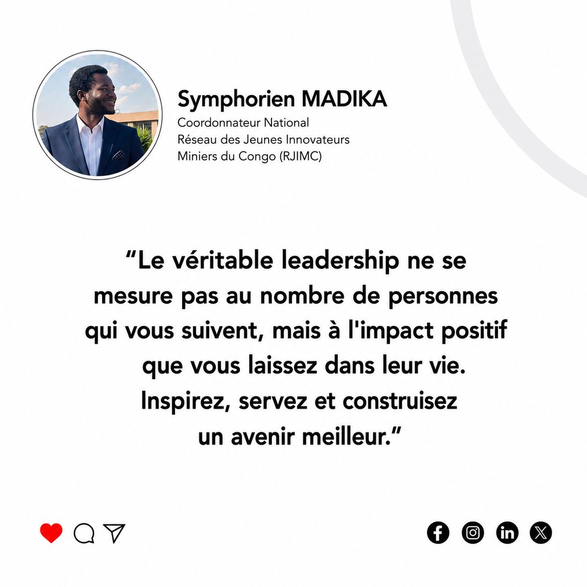 MADIKASYMP34879's tweet photo. Le véritable leadership ne se mesure pas au nombre de personnes qui vous suivent, mais à l'impact positif que vous laissez dans leur vie. Inspirons, servons et construisons un avenir meilleur.
— Symphorien MADIKA
#Leadership #RJIMC #Jeunesse #RDC #Innovation #Impact #Vision https://t.co/SvzsWa6MLw