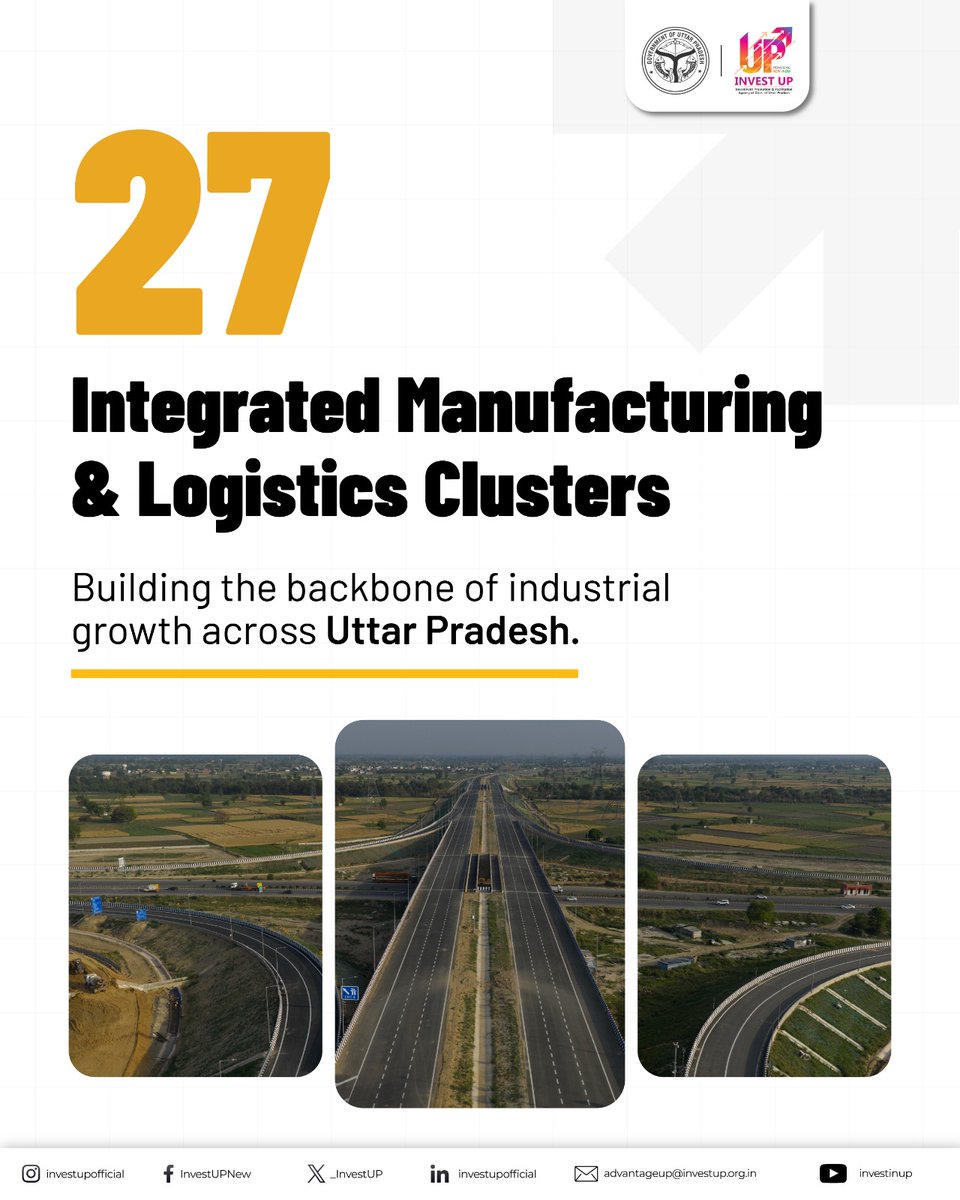 _InvestUP's tweet photo. The future of industrial growth begins with connected infrastructure, strategic planning and limitless opportunities. Uttar Pradesh is creating a network of integrated manufacturing and logistics clusters designed to support businesses with seamless connectivity, future-ready ecosystems, and investment-friendly environments. 

From established industrial corridors to emerging growth destinations, every location is built to accelerate innovation, manufacturing, and long-term success. Discover where infrastructure meets ambition and where the next chapter of industrial excellence takes shape.

#InvestUP #IndustrialGrowth #Manufacturing #Logistics #Infrastructure #EaseOfDoingBusiness #InvestmentDestination #FutureReady #BuildInUP #MakeInIndia #EconomicGrowth #IndustrialDevelopment #ThinkBigThinkUP