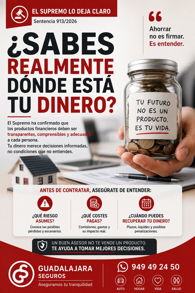 GuadaSeguros's tweet photo. Sabes realmente dónde está tu dinero?Si tienes un producto de ahorro o inversión deberías poder responder a 3 preguntas
Qué riesgo asumes?
Qué costes pagas?
Cuándo puedes recuperar tu dinero?
Si no puedes responderlas,quizá necesitas una revisión
Ahorrar no es firmar. Es entender https://t.co/RVKh7Bp2ax