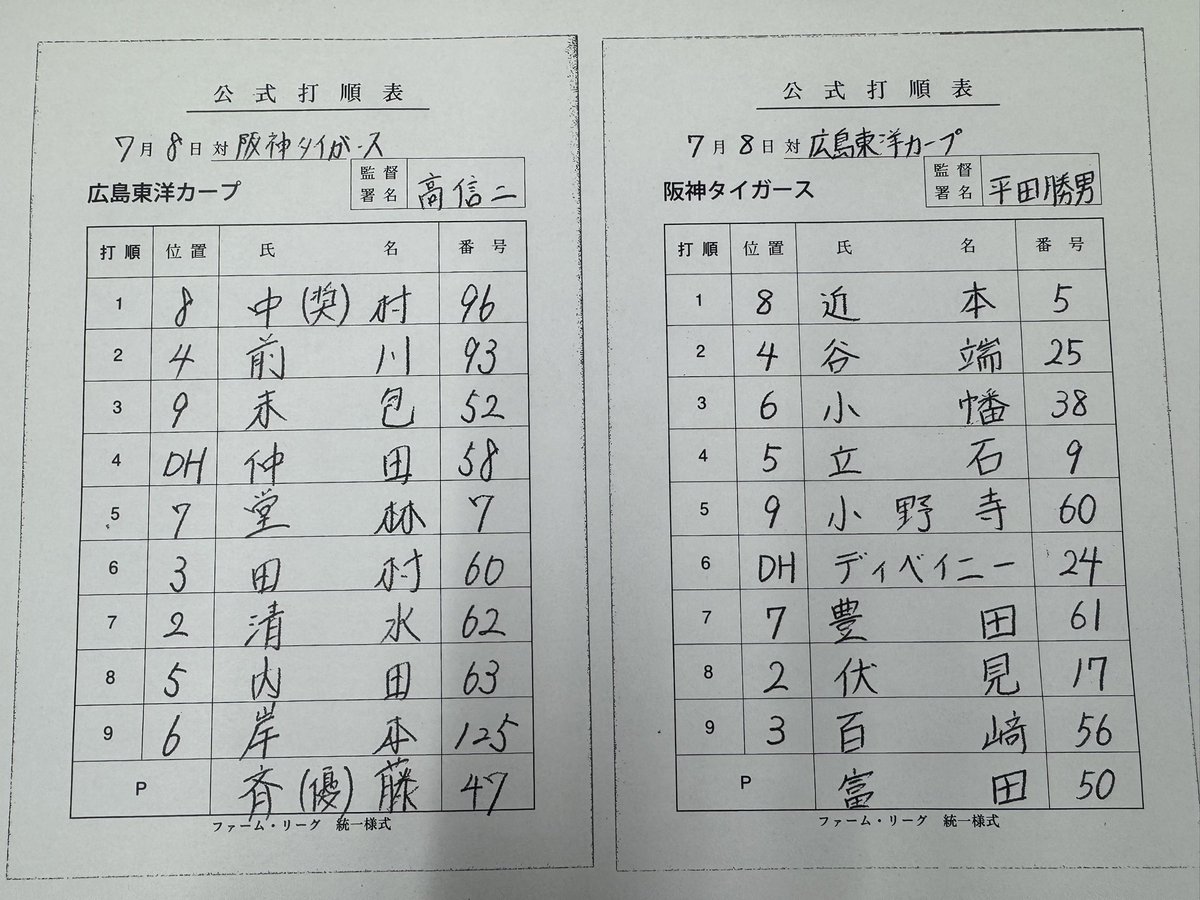Tigers_farm's tweet photo. 【SGL】7月8日ファーム・リーグの広島戦、両チームのスターティングラインナップ！

#阪神タイガース 
#広島東洋カープ 
#ゼロカーボンベースボールパーク
#日鉄鋼板SGLスタジアム尼崎
#スリーECOチェンジ https://t.co/aYBRqsQEZE