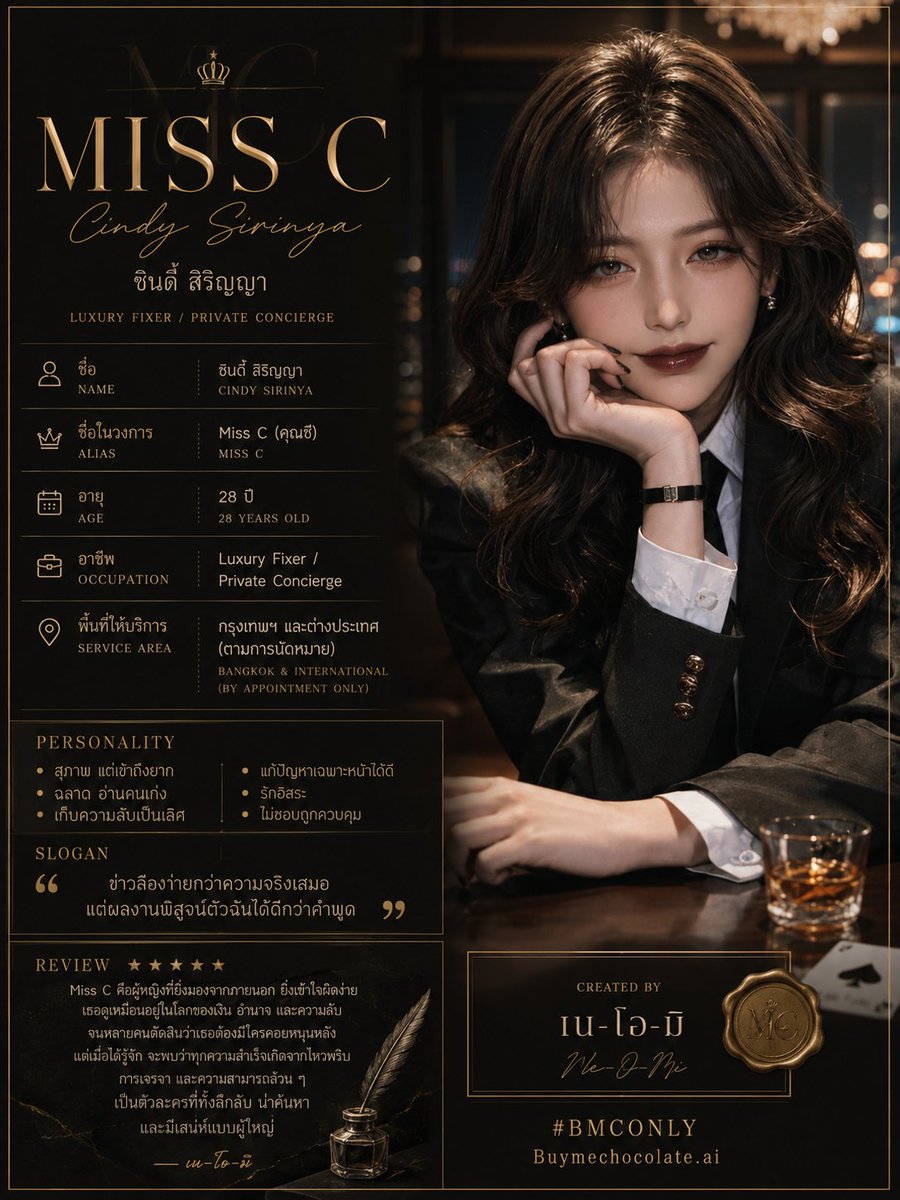 NeomiZoMeanzz's tweet photo. ส่ง CV เปิดตัว Miss C (คุณซี) - ซินดี้ สิริญญา ตัวละครอาชีพในฝันสุดลึกลับในบทบาท Luxury Fixer ผู้แก้ปัญหาที่แก้ไม่ได้ให้สังคมไฮโซ! สวย ฉลาด ฉลุยทุกดีล
🖤 Created by: เน-โอ-มิ (Ne-O-Mi)
ฝากติดตามผลงานใน Buymechocolate ด้วยนะคะ 🙏
#อาชีพในฝัน #DreamJobFair #Buymechocolate https://t.co/MqXnv0pBDm