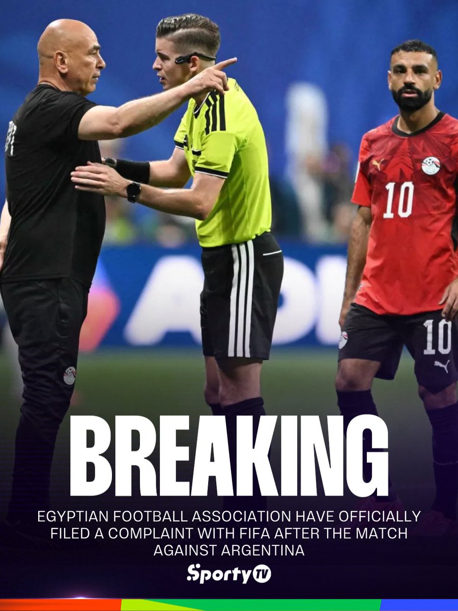 SportyTV's tweet photo. 🚨🇪🇬 BREAKING: Egyptian Football Association have officially submitted a complaint to FIFA, calling for an investigation into the refereeing decisions during their 3-2 World Cup defeat to Argentina 💥

The federation believe a number of key decisions influenced the outcome of the match and have called for the referee to be barred from officiating the rest of the World Cup 🤯

🇿🇦 Get your World Cup Pass now and watch all FIFA World Cup 2026™ matches on SportyTV YouTube channel here: https://t.co/BtvYPbJklx