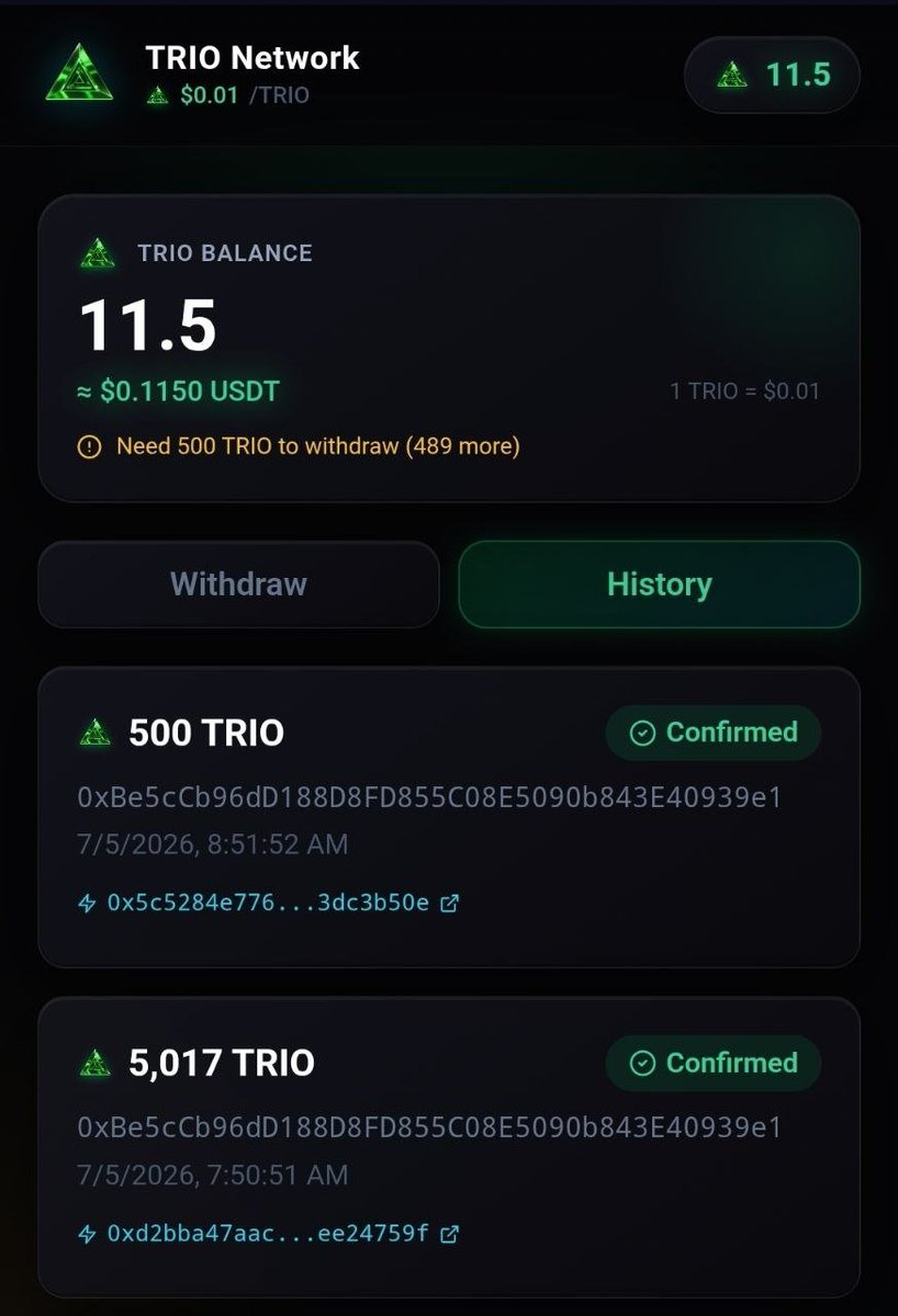 airdrop_testing's tweet photo. 🎉 WD Received Instantly.  
 
 🤑 INSTANT AIRDROP TRIO NETWORK 💸 

♾ Reward $TRIO tokens for all participants.

1 TRIO = 0.01$ 

👉 Join Here  https://t.co/abfHbmQ4A7

- Start Mining 
- Complete all task
- TASK Page and Social Quest 
- Daily Claim 
- Done ✅️

👉 $TRIO instant WITHDRAW