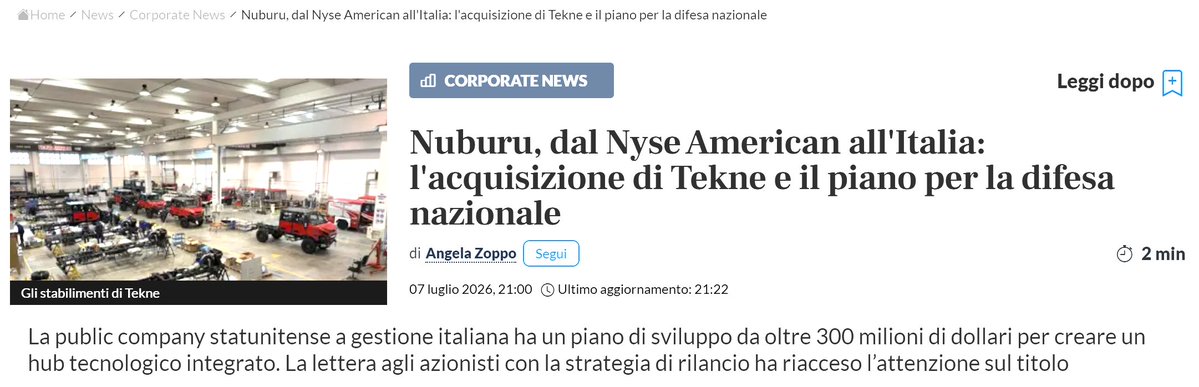 nuburulasers's tweet photo. Thank you to Milano Finanza / Class CNBC for interviewing Alessandro Zamboni, NUBURU Executive Chairman &amp; Co-CEO, on NUBURU’s Italy-centered Defense &amp; Security platform strategy and the planned Tekne acquisition. $BURU https://t.co/NbEOXrikRK