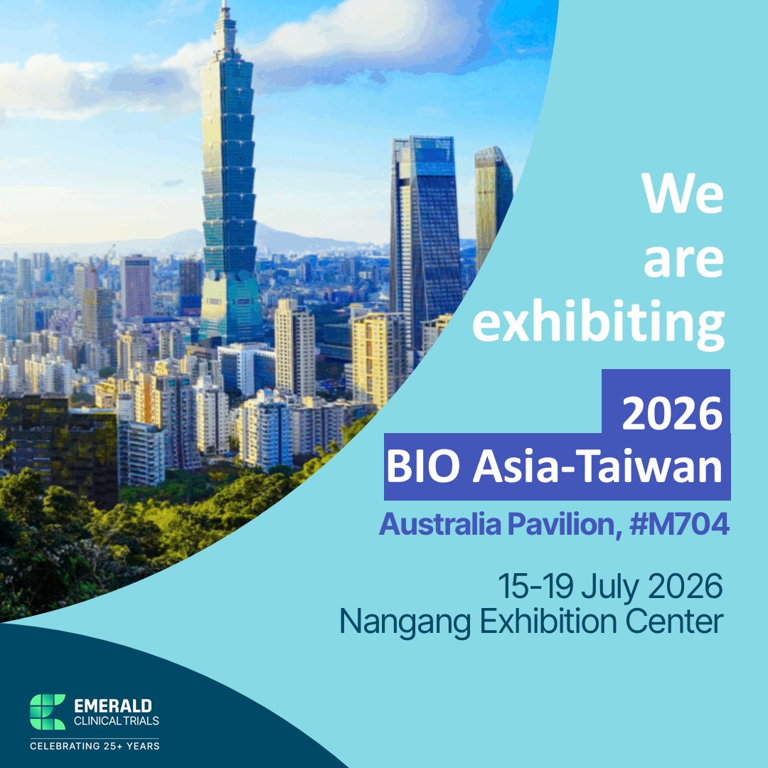 emeraldclinical's tweet photo. From July 15 to 19, 2026, BIO Asia–Taiwan 2026 will be held at the Taipei Nangang Exhibition Center! Under the theme “Asian Inspiration, Global Impact” to explore innovation trends and collaboration opportunities in APAC.

Emerald Clinical will be showcasing at Australia Pavilion (Booth M704), offering you specialized clinical trial services, including:

• Clinical Trial Management
• Regulatory Consulting
• Medical Writing
• Data Management and Biostatistics

We invite you to visit us at Booth M704 to speak with our team!

Learn more about Emerald Clinical - https://t.co/J7VQxYc16W  https://t.co/0qiZvL0DDR

#ScienceSpeedService #ClinicalTrials #ImprovingLivesWorldwide #APAC #BioAsiaTaiwan