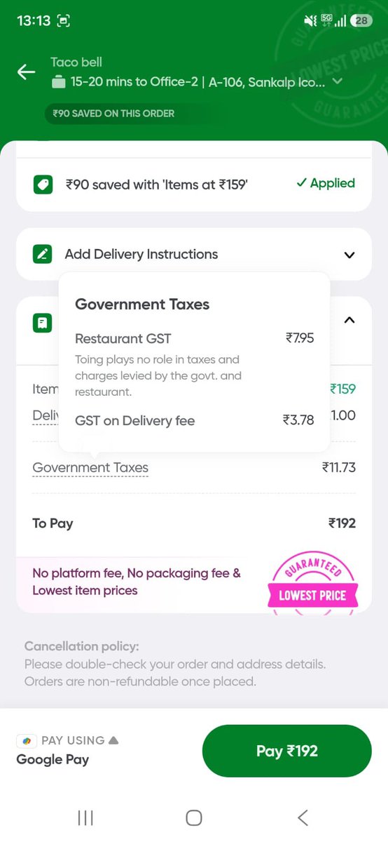 jayvaja_11's tweet photo. I was ordering food from @Swiggy and #Toing same company 2 different platform and 2 different prices for same order,  but how can GST rates are different? And what is Restaurant GST and Delivery GST?

#Swiggy https://t.co/OzFQnDjysC