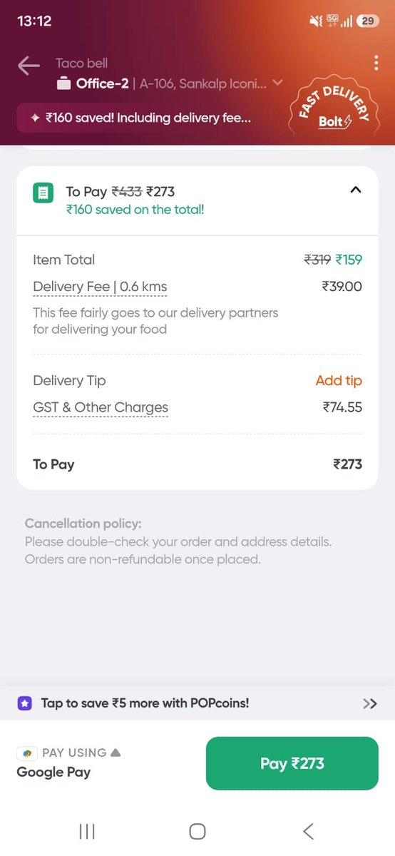 jayvaja_11's tweet photo. I was ordering food from @Swiggy and #Toing same company 2 different platform and 2 different prices for same order,  but how can GST rates are different? And what is Restaurant GST and Delivery GST?

#Swiggy https://t.co/OzFQnDjysC