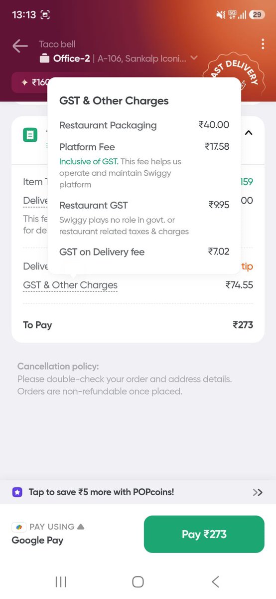 jayvaja_11's tweet photo. I was ordering food from @Swiggy and #Toing same company 2 different platform and 2 different prices for same order,  but how can GST rates are different? And what is Restaurant GST and Delivery GST?

#Swiggy https://t.co/OzFQnDjysC