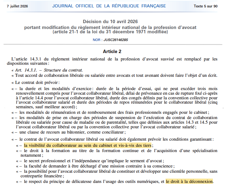 N_Hervieu's tweet photo. Statut d'avocat collaborateur : Le @CNBarreaux modifie le règlement intérieur national (RIN) de la profession d'avocat.

Pour créer deux droits au profit des collaborateurs :
- Le droit à la visibilité au sein du cabinet &amp; vis-à-vis des tiers
- Le droit à la déconnexion numérique https://t.co/MjlUtopTwv